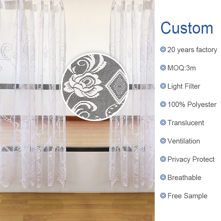 Cortinas de tela de poliéster transparente autobordadas con estampado blanco textil para decoración de sala de estar suave personalizada