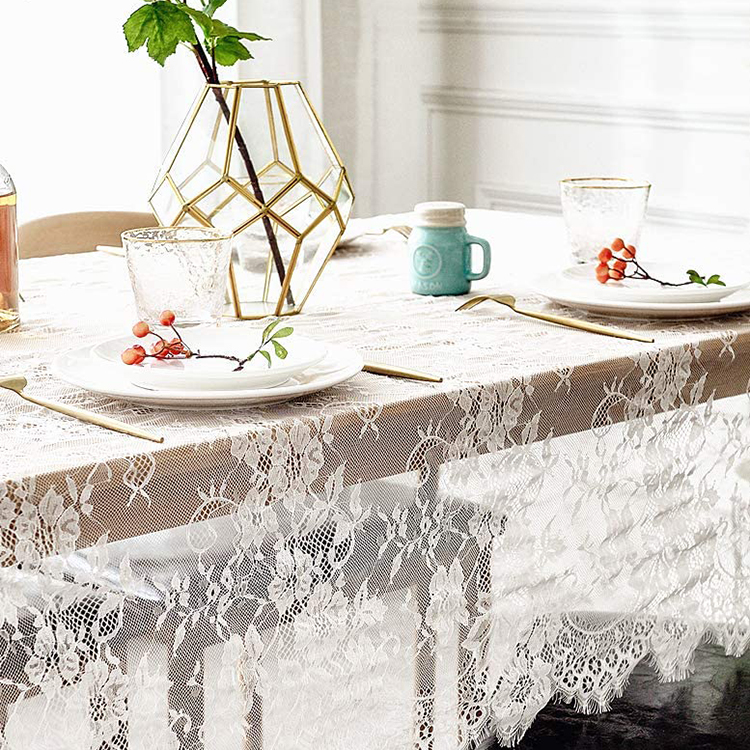 Tela de tela de mesa de comedor floral de encaje de cubierta blanca de poliéster para boda de fiesta