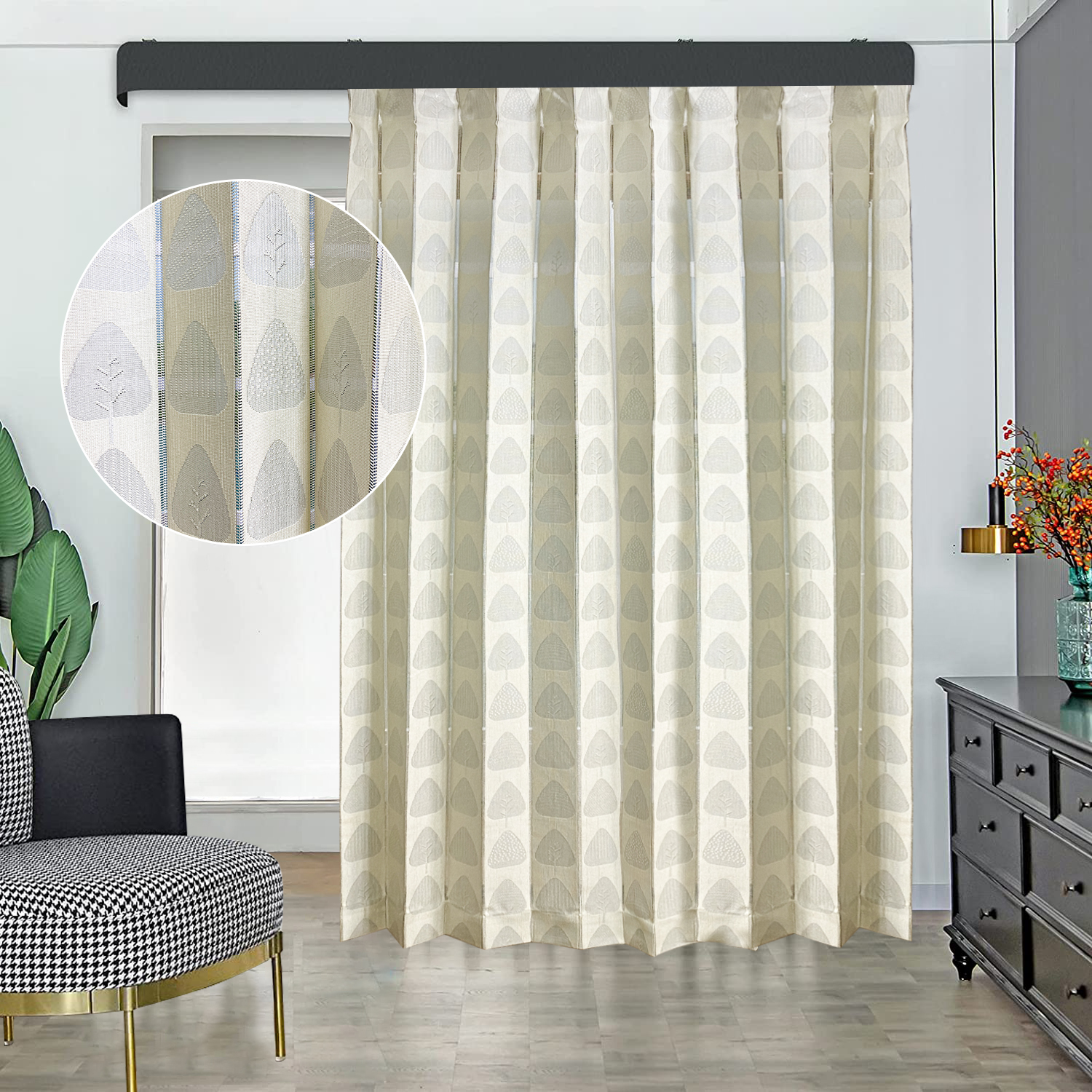 Cortina opaca para sala de estar, divisor de puerta de árboles beige, persianas venecianas jacquard, tela para ventana