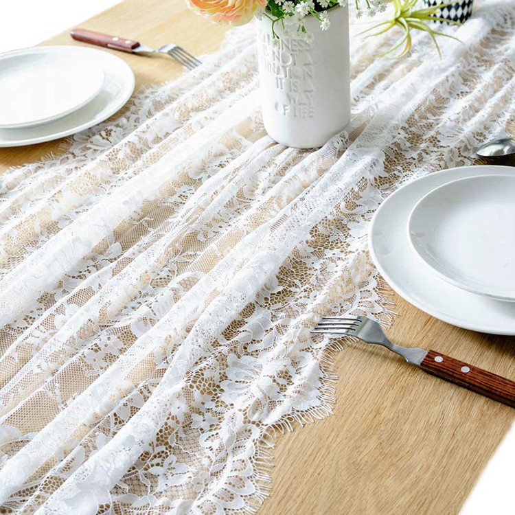 Tela de tela de mesa de comedor floral de encaje de cubierta blanca de poliéster para boda de fiesta